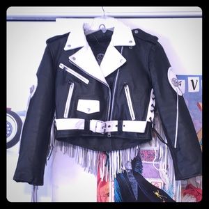 Vintage Western Fringe leather jacket black /white